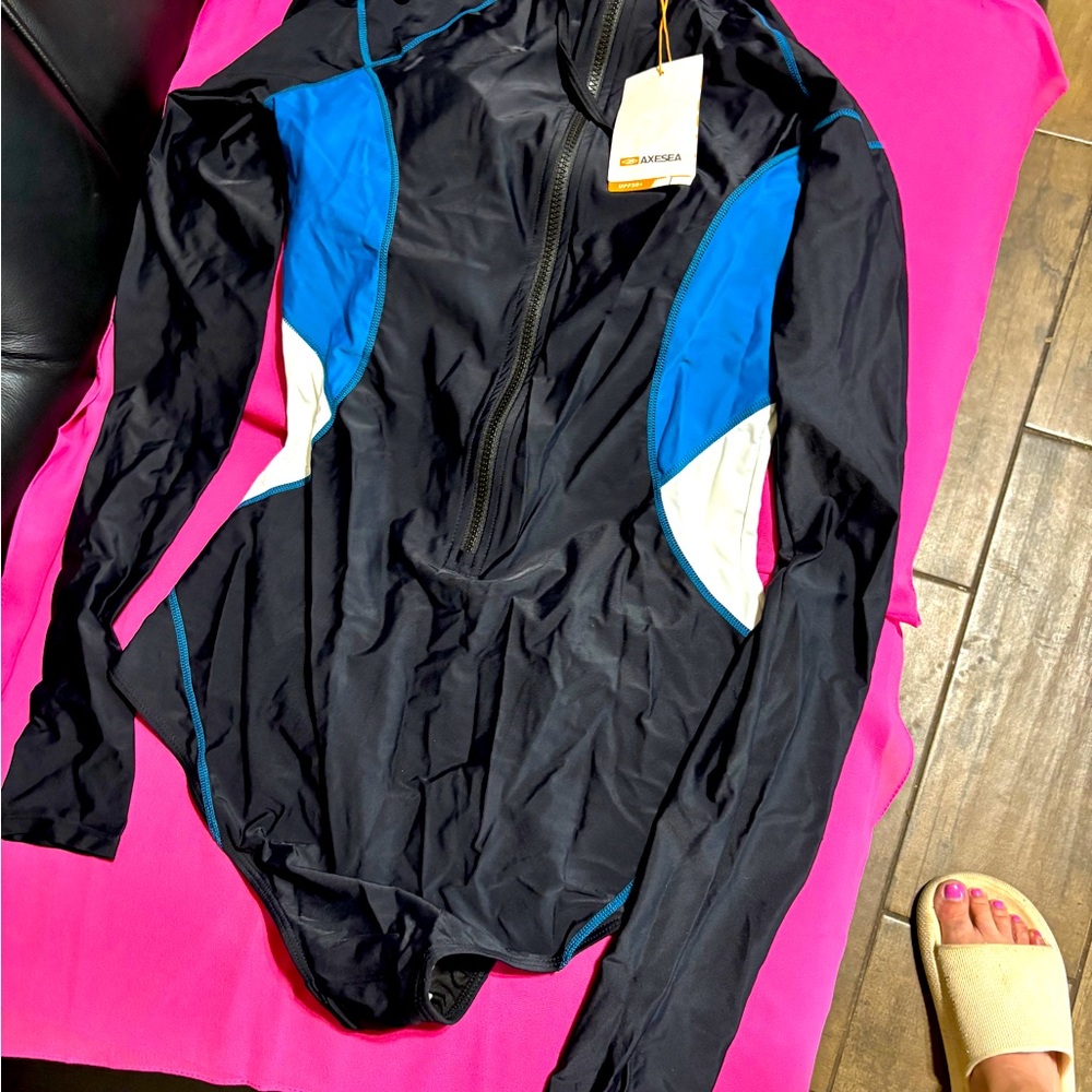 Full swimwear black, blue, white long sleeve size 16 UPF 50 sun protection.